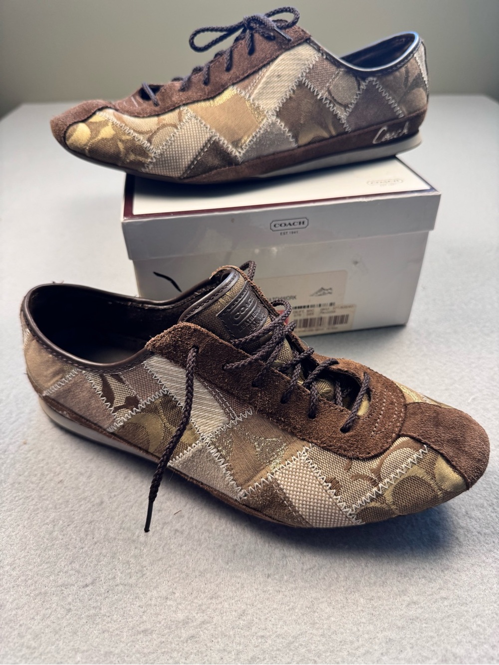Y2K Coach Patchwork Patch Logo Sneakers in Brown and Tan